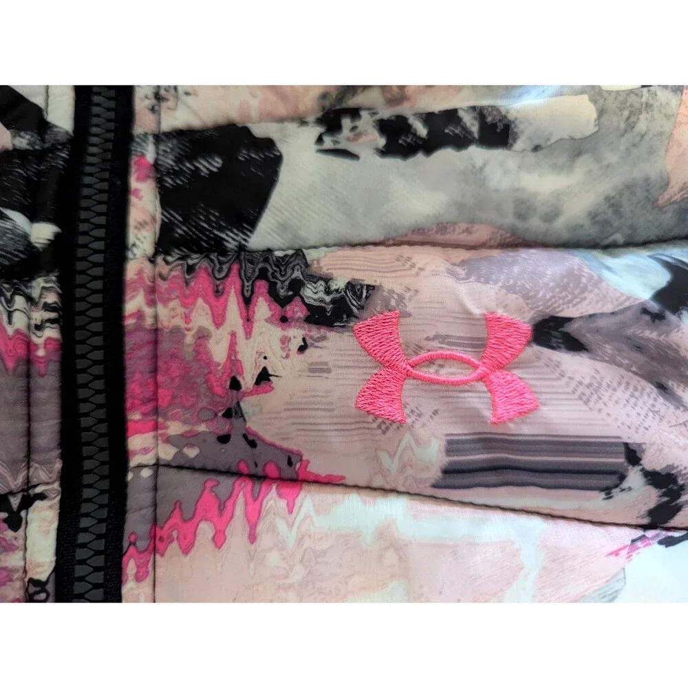 Under Armour Girls 6X Cold Gear Puffer Jacket Hooded Neon Pink Black Abstract